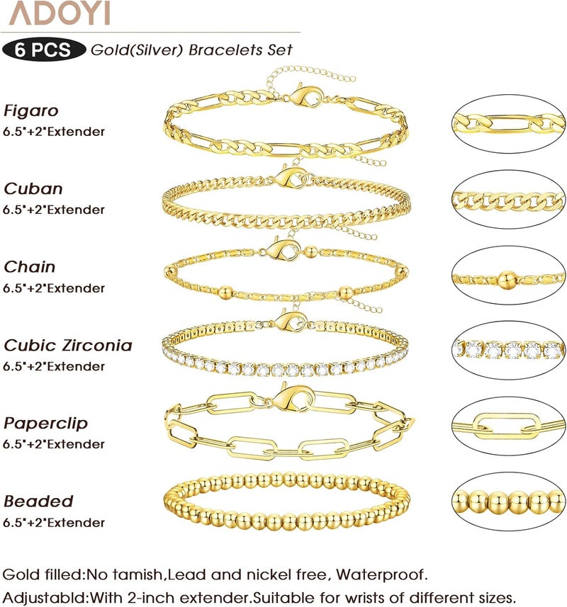 adoyi Gold Bracelets for Women, 14K Gold Plated Stackable Bracelet Stack Set Adjustable Charm Paperclip Chain Cuban Link Layered Waterproof Jewelry Sets Gifts for Womens 6.0/6.8/7.2" - Image 5